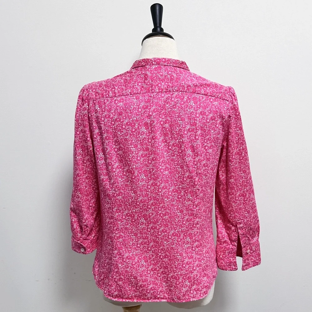 Lilly Pulitzer Pink Ivory Floral High V Neck Collar Button Up 3/4 Sleeve Blouse